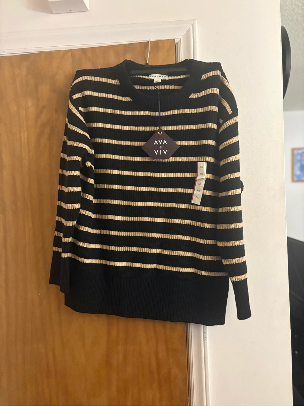 Ava & Viv Black and Cream Striped Crewneck Sweater